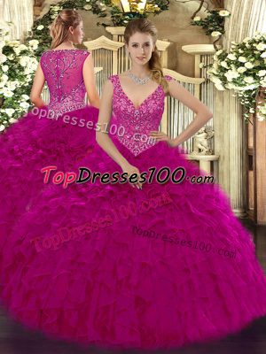 Fuchsia Organza Zipper V-neck Sleeveless Floor Length Sweet 16 Dresses Beading and Ruffles