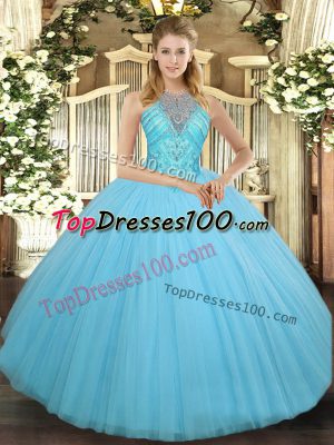 Simple Aqua Blue High-neck Neckline Beading Vestidos de Quinceanera Sleeveless Lace Up