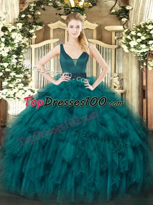 Graceful Teal Ball Gowns Organza Straps Sleeveless Beading and Ruffles Floor Length Zipper Quinceanera Gown