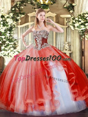 Floor Length Coral Red Quinceanera Dresses Strapless Sleeveless Lace Up