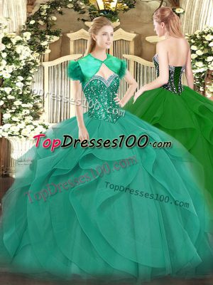 Smart Turquoise Ball Gowns Tulle Sweetheart Sleeveless Beading and Ruffles Floor Length Lace Up Sweet 16 Dresses