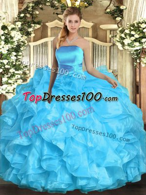 Floor Length Aqua Blue Vestidos de Quinceanera Strapless Sleeveless Lace Up