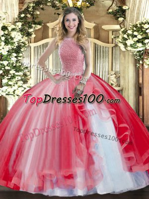 Tulle Sleeveless Floor Length Sweet 16 Dresses and Beading and Ruffles