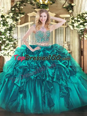 Charming Teal Quinceanera Dress Military Ball and Sweet 16 and Quinceanera with Beading and Ruffles Scoop Sleeveless Lace Up