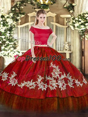 Colorful Wine Red Two Pieces Embroidery Sweet 16 Dresses Zipper Organza and Taffeta Short Sleeves Floor Length