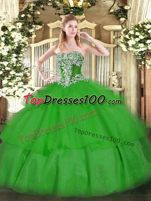 Most Popular Green Ball Gowns Strapless Sleeveless Tulle Floor Length Lace Up Beading and Ruffled Layers 15th Birthday Dress