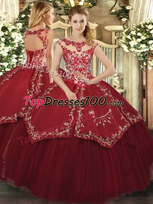 Discount Wine Red Scoop Lace Up Beading and Appliques and Embroidery Quinceanera Gowns Cap Sleeves