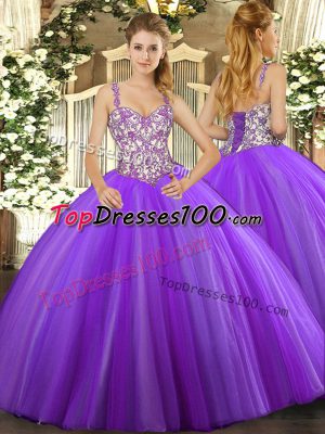 Modern Ball Gowns Quince Ball Gowns Lavender Straps Tulle Sleeveless Floor Length Lace Up