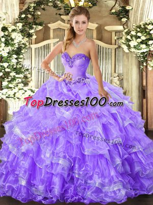 Lavender Sleeveless Floor Length Beading and Ruffled Layers Lace Up Sweet 16 Quinceanera Dress