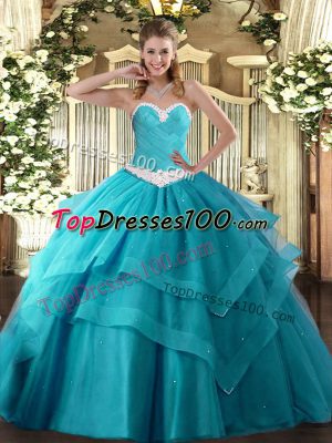 Teal Lace Up Sweetheart Appliques and Ruffled Layers Quinceanera Gowns Tulle Sleeveless