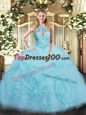 Floor Length Lace Up Quinceanera Dress Aqua Blue for Military Ball and Sweet 16 and Quinceanera with Beading and Ruffles