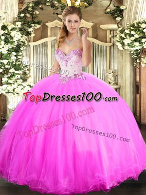Edgy Sleeveless Tulle Floor Length Lace Up Quinceanera Dresses in Rose Pink with Beading
