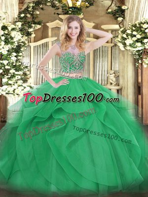 Glamorous Green Two Pieces Scoop Sleeveless Tulle Floor Length Lace Up Beading and Ruffles Quinceanera Gown
