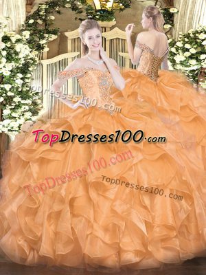 Orange Organza Lace Up Off The Shoulder Sleeveless Floor Length Sweet 16 Dresses Beading and Ruffles