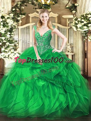 Most Popular Green V-neck Lace Up Beading and Ruffles Quince Ball Gowns Sleeveless