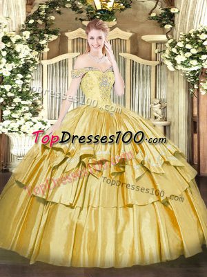 Gold Sleeveless Organza and Taffeta Lace Up Vestidos de Quinceanera for Military Ball and Sweet 16 and Quinceanera