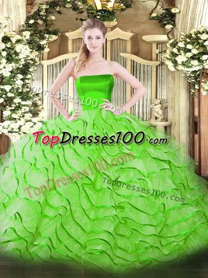 High Class Ball Gowns Strapless Sleeveless Tulle Brush Train Zipper Ruffles Quinceanera Gown
