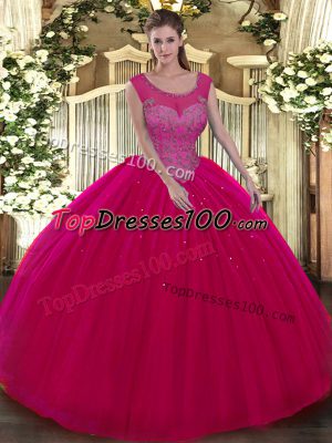 Designer Hot Pink Backless Quinceanera Gown Beading Sleeveless Floor Length