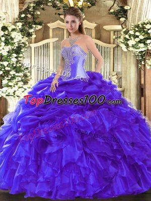 Beautiful Blue Ball Gowns Beading and Ruffles Vestidos de Quinceanera Lace Up Organza Sleeveless Floor Length