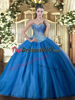 Blue Quinceanera Gowns Military Ball and Sweet 16 and Quinceanera with Beading Sweetheart Sleeveless Lace Up