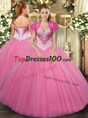 Classical Rose Pink Lace Up Sweetheart Beading Quinceanera Gown Tulle Sleeveless