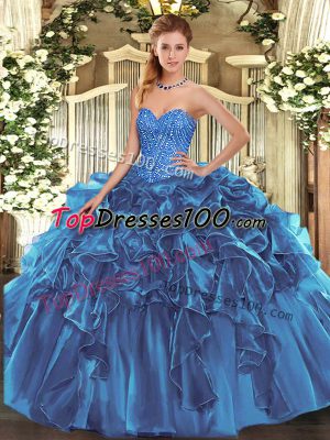 Sleeveless Floor Length Beading and Ruffles Lace Up Quinceanera Dress with Blue