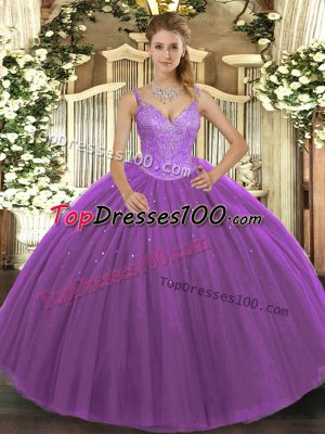 Purple Tulle Lace Up V-neck Sleeveless Floor Length Vestidos de Quinceanera Beading