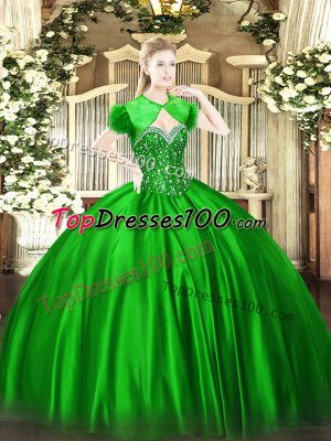 Green Sleeveless Floor Length Beading Lace Up Sweet 16 Dress