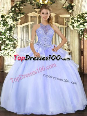 Blue Quinceanera Gown Military Ball and Sweet 16 and Quinceanera with Beading Halter Top Sleeveless Lace Up