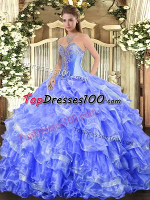 Smart Blue Sweetheart Neckline Beading and Ruffled Layers 15th Birthday Dress Sleeveless Lace Up