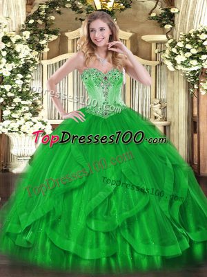 Glittering Green Tulle Lace Up 15th Birthday Dress Sleeveless Floor Length Beading and Ruffles