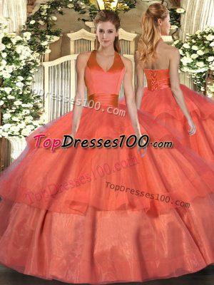 Sophisticated Sleeveless Floor Length Ruffled Layers Lace Up 15 Quinceanera Dress with Orange Red