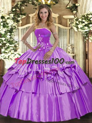 Fabulous Sleeveless Organza and Taffeta Floor Length Lace Up 15 Quinceanera Dress in Lavender with Beading and Ruffled Layers