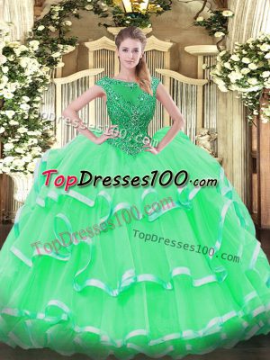 Flirting Floor Length Lace Up Quinceanera Dresses Apple Green for Sweet 16 and Quinceanera with Beading and Ruffled Layers