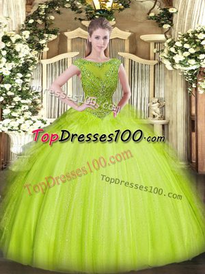 Attractive Yellow Green Tulle Zipper Scoop Sleeveless Floor Length Quince Ball Gowns Beading