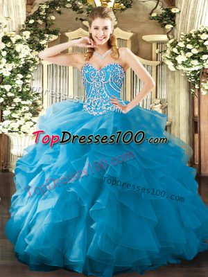 Superior Aqua Blue Lace Up Sweetheart Beading and Ruffles Quinceanera Gown Organza Sleeveless