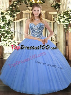 Unique Baby Blue Tulle Lace Up Vestidos de Quinceanera Sleeveless Floor Length Beading