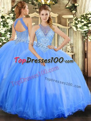 Fantastic Sleeveless Tulle Floor Length Lace Up Ball Gown Prom Dress in Blue with Beading