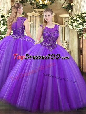 Eggplant Purple Quinceanera Gowns Military Ball and Sweet 16 and Quinceanera with Beading Scoop Sleeveless Zipper