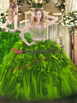 Fashion Floor Length Two Pieces Sleeveless Olive Green Vestidos de Quinceanera Lace Up