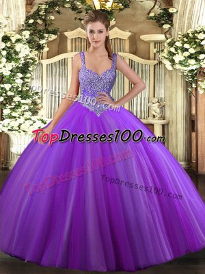 Comfortable Ball Gowns Quinceanera Gown Purple V-neck Tulle Sleeveless Floor Length Lace Up