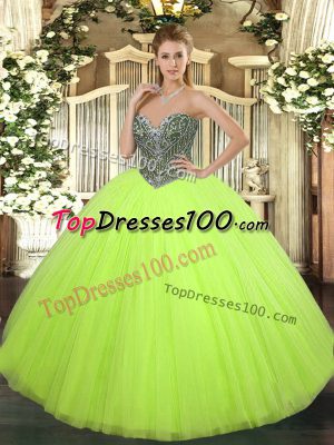 Yellow Green Lace Up Sweetheart Beading Ball Gown Prom Dress Tulle Sleeveless