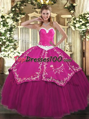Fuchsia Lace Up Sweetheart Appliques and Embroidery 15th Birthday Dress Satin and Tulle Sleeveless