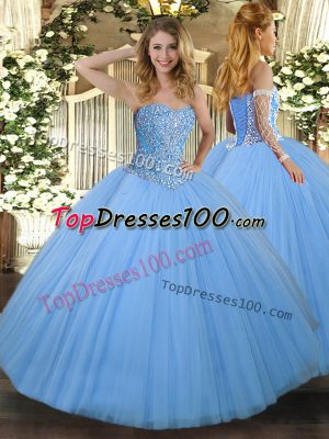 Sleeveless Tulle Floor Length Lace Up Quinceanera Gowns in Aqua Blue with Beading