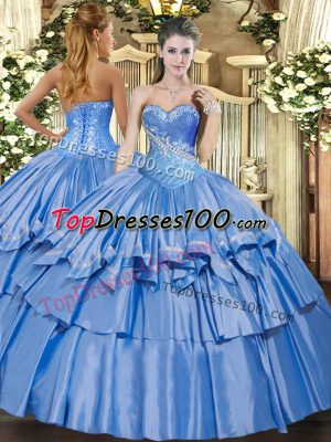 Custom Designed Baby Blue Organza and Taffeta Lace Up 15 Quinceanera Dress Sleeveless Floor Length Beading and Ruffles