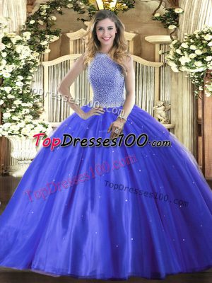 Vintage Blue Lace Up High-neck Beading Sweet 16 Quinceanera Dress Tulle Sleeveless