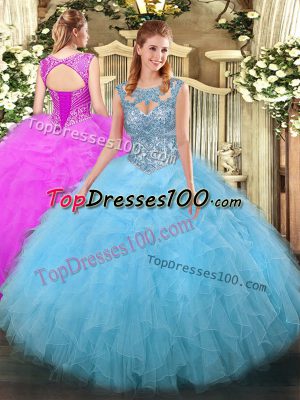 Floor Length Aqua Blue 15th Birthday Dress Scoop Sleeveless Lace Up