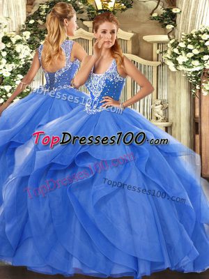 Custom Fit Beading and Ruffles Quinceanera Dresses Blue Lace Up Sleeveless Floor Length