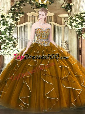 Super Brown Sleeveless Floor Length Beading and Ruffles Lace Up Sweet 16 Dresses