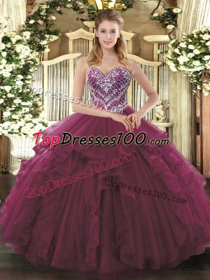 Pretty Tulle Sweetheart Sleeveless Lace Up Beading and Ruffles Quince Ball Gowns in Burgundy